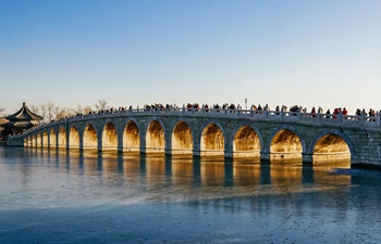 Twilight scenery through Seventeen Arch Bridge in Summer Palace